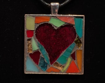 Stained Glass Mosaic in 35 mm Square Silver Pendant on 18-20" cord necklace