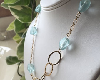 Asymmetrical Artisan Necklace 14K Gold-filled Chain & Links Faceted Blue Gemstone Balanced and Elegant