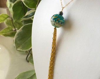 Artisan Necklace 14K Gold-filled Tassel Chain & Links Artisan Boro Lampwork Focal Bead Beautiful and Elegant