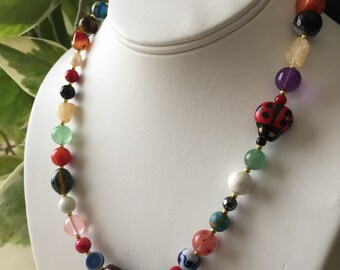 Artisan Bohemian Necklace Adjustable Length Clay Beads Lampwork Beads Pearls Semi Precious Gemstones Beautiful and Elegant