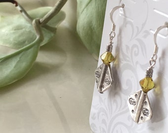 Lovely Sterling Silver Bohemian Dangle Drop Earrings Artisan Beads Handmade Swarovski Crystals Balanced and Elegant