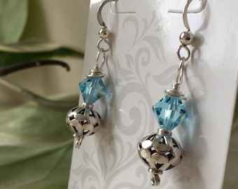 Lovely Sterling Silver Bohemian Dangle Drop Earrings Artisan Beads Handmade Swarovski Crystals Balanced and Elegant