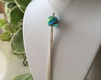 Artisan Necklace Sterling Silver Tassel Chain & Links Artisan Boro Lampwork Focal Bead Beautiful and Elegant