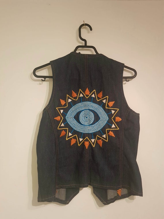Handmade Embroidered Vintage EYE Vest 1970s Denim
