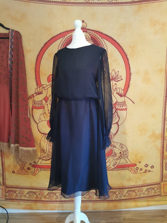 Vtg black 1970s JEAN VARON Chiffon Midi Dress Ball