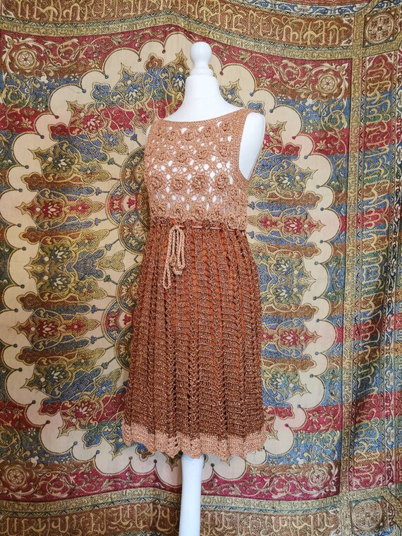 Vtg 1960s COPPER metallic crochet Babydoll Mini Dr