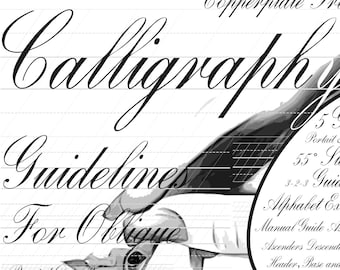 May include: Black and white image of a calligraphy guide for oblique copperplate lettering. The image features a pen nib and ink, along with guidelines for writing. The text reads "Copperplate Printables", "Calligraphy", "Guidelines for Oblique", "Pointed Dip Pens", "Enhance Your Skills with 5 progressively smaller guidelines from 8mm to 15mm", "5 Guide Sizes", "Portrait & Landscape", "55° Slant Lines", "3-2-3 Guide Ratio", "Alphabet Exemplar", "Manual Guide Assistant", "Ascenders Descenders", "Header, Base and Slant lines", "WEED BROOK W", "© 2019 Weedbrook. All rights reserved."
