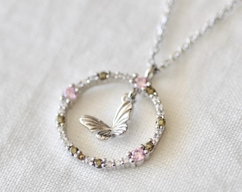 Butterfly Necklace with Soft Pink and Olive Green CZ Wreath, Jamber Jewels