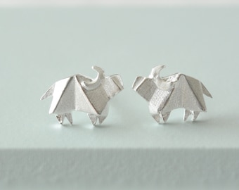 Origami Ox Sterling Silver Stud Earrings, Cow Jewelry