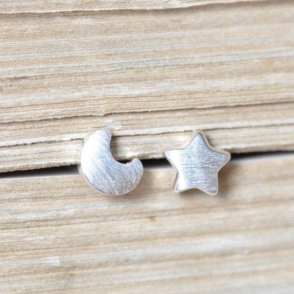 Puffy Star and Moon Mismatched Earrings, Tiny Star Studs, Tiny Moon Studs, Everyday Studs, Jamber Jewels