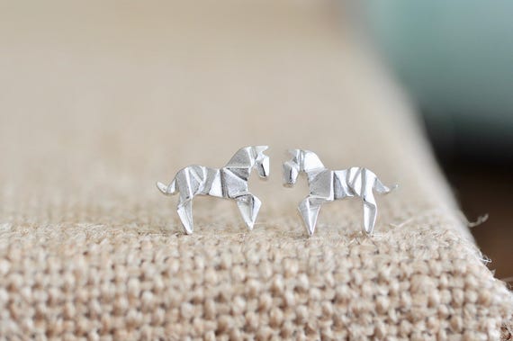 Origami Horse Stud Earrings In Sterling Silver 925 Silver Horse Earrings Origami Animal Jewelry Origami Jewelry Jamber Jewels 925