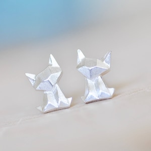 Origami Cat Sterling Silver Earrings, Animal Jewelry