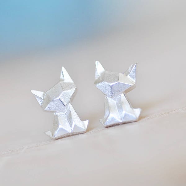 Origami Cat Sterling Silver Earrings, Animal Jewelry