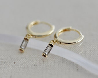Sterling Silver Huggie Earrings with CZ Dangle, Tiny Hoops