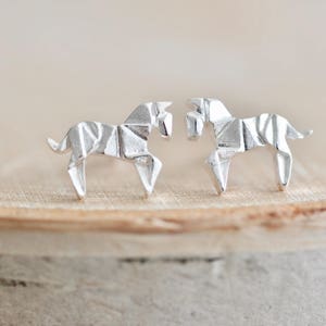 Origami Horse Stud Earrings, Matte Sterling Silver