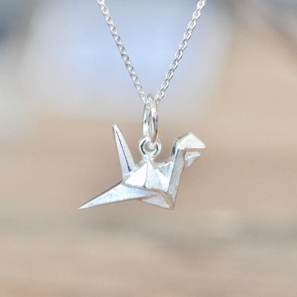 Sterling Silver Origami Crane Necklace, Silver Crane Necklace, Silver Bird Necklace, Origami Animal Jewelry, Geometric Crane Necklace