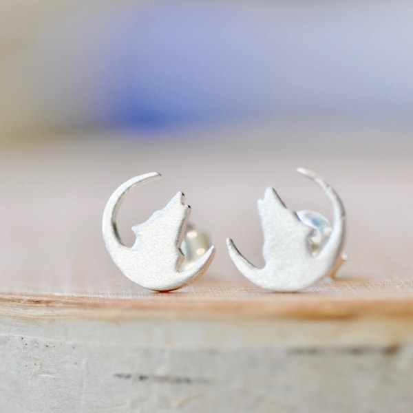 Wolf Stud Earrings in Sterling Silver, Howling Wolf Earrings, Wolf and Moon Earrings, Wolf Gifts, Jamber Jewels