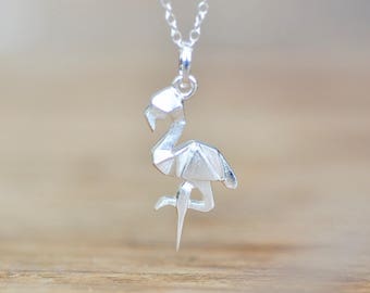 Sterling Silver Origami Flamingo Necklace, Origami Animal Jewelry, Origami Jewelry, Jamber Jewels 925