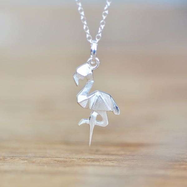 Origami Flamingo Halskette, Sterling Silber, Matte Finish