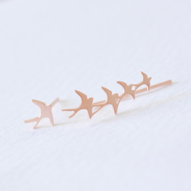 Flock of Birds Mismatched Stud Earrings, Bird Earrings, Bird Ear Climber, Birds Ear Climber, Jamber Jewels Original Rose Gold Matte