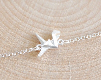 Sterling Silver Origami Crane Charm Bracelet, Dainty Animal Jewelry