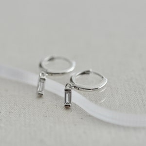 Simple Sterling Silver Huggie Earrings with CZ Dangle, Tiny Hoops, Small Hoops, Everyday Earrings, Jamber Jewels 925 image 4