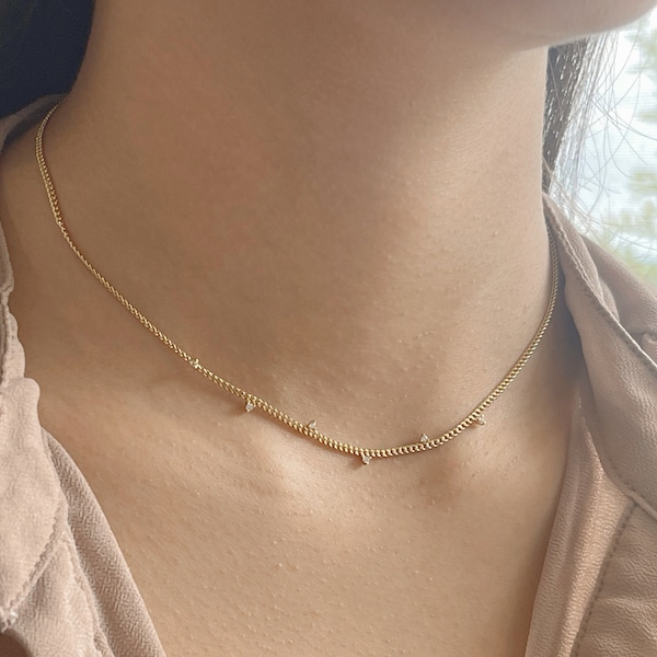 Thick Curb Chain with CZ Necklace in Sterling Silver, Layering Necklace, Gold Layering Necklace, Jamber Jewels