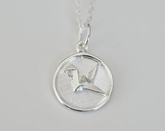 Sterling Silver Origami Crane Disc Necklace, Jamber Jewels