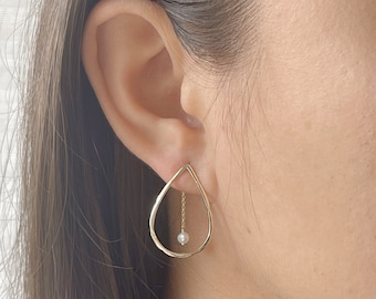 Gold Teardrop Earrings with Pearl Dangle, Sterling Silver Core