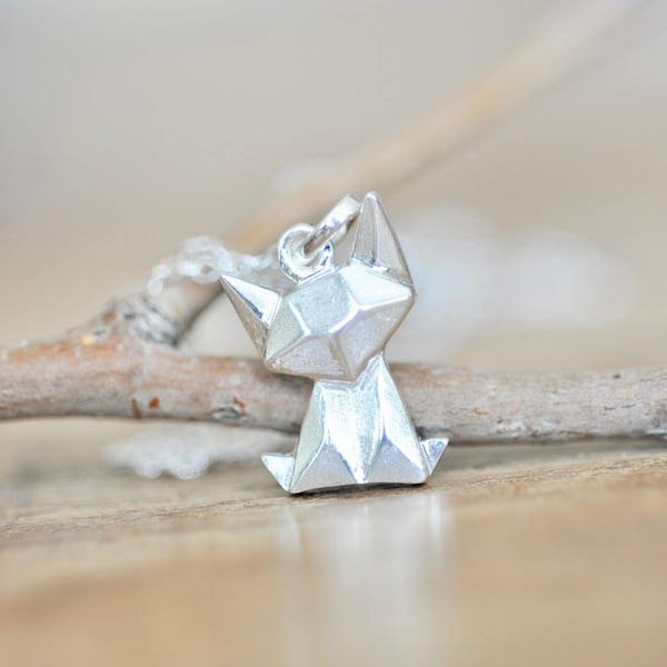 Sterling Silver Origami Cat Necklace, Geometric Cat Charm