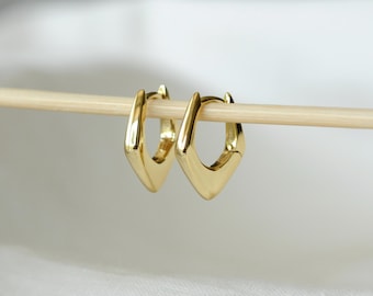 Gold Sterling Silver V-Shaped Huggie Earrings, Small Hoops