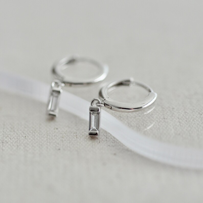 Simple Sterling Silver Huggie Earrings with CZ Dangle, Tiny Hoops, Small Hoops, Everyday Earrings, Jamber Jewels 925 image 6