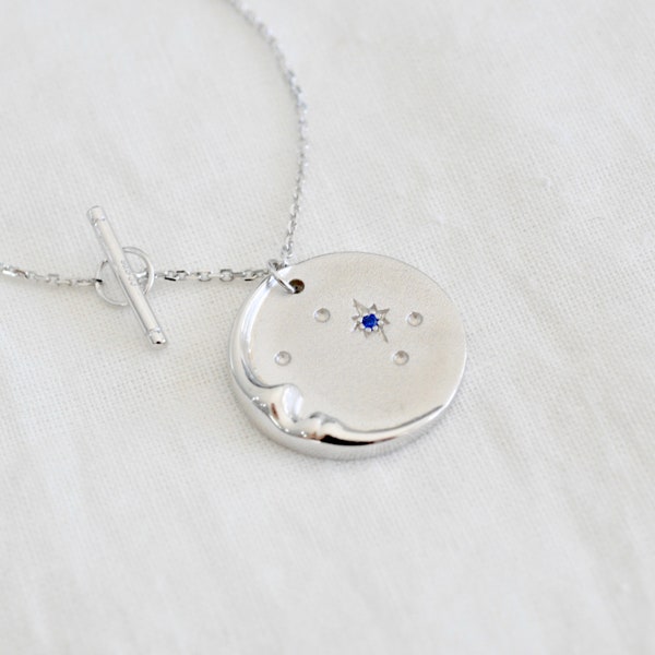 Moon and North Star Disc Toggle Necklace in Sterling Silver, Moon Phases Disc Necklace, Celestial Necklace, Jamber Jewels