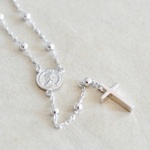 Dainty Rosary Necklace in Sterling Silver, Cross Necklace, Lariat Necklace, Layering Necklace, Jamber Jewels 925