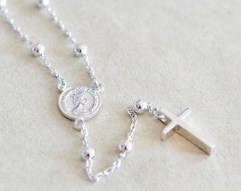 Dainty Rosary Necklace in Sterling Silver, Cross Necklace, Lariat Necklace, Layering Necklace, Jamber Jewels 925