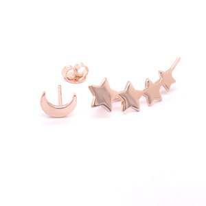 Stars and Moon Mismatched Earrings, Crescent Moon Stud and Stars Ear Climber, Star Ear Pins, Star Ear Crawler, Jamber Jewels image 7