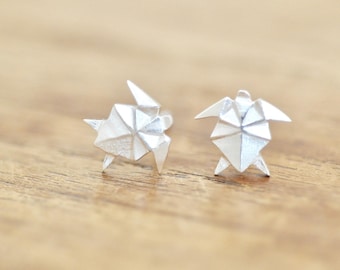 Origami Turtle Earrings, Matte Sterling Silver Studs, Beach Jewelry