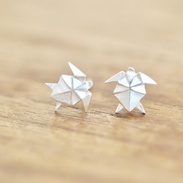 Origami Turtle Earrings, Matte Sterling Silver Studs, Beach Jewelry