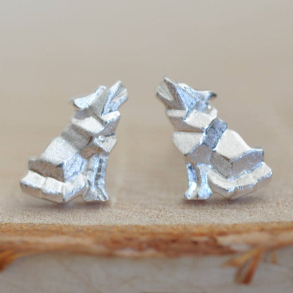 Origami WOLF Earrings in Sterling Silver, Howling Wolf Earrings, Silver Wolf Earrings, Wolf Studs, Wolf Jewelry, Jamber Jewels Original