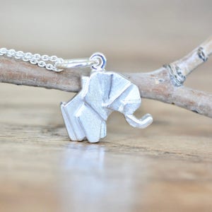 Origami Elephant Necklace, Matte Sterling Silver Geometric Animal