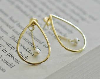 Teardrop Statement Earrings with Pearl Dangle, Natural Gemstone Earrings, Pearl Earrings, Dangle Earrings, Jamber Jewels
