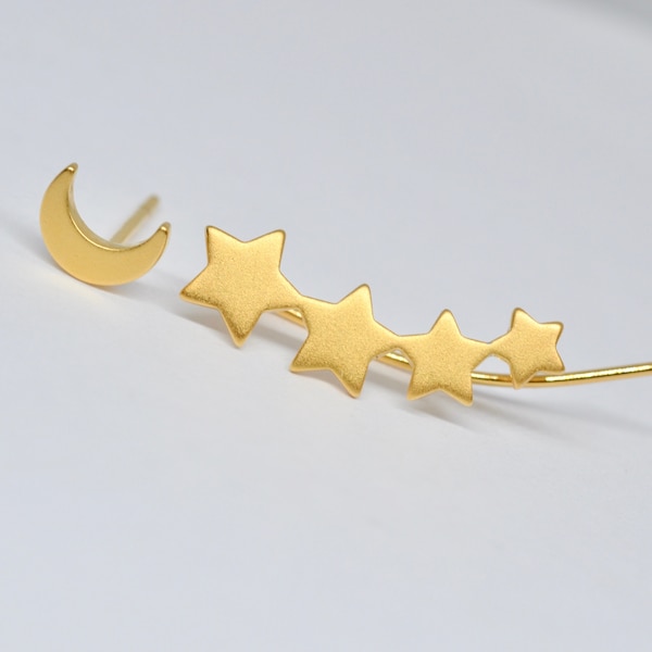 Stars and Moon Mismatched Earrings, Crescent Moon Stud and Stars Ear Climber, Star Ear Pins, Star Ear Crawler, Jamber Jewels