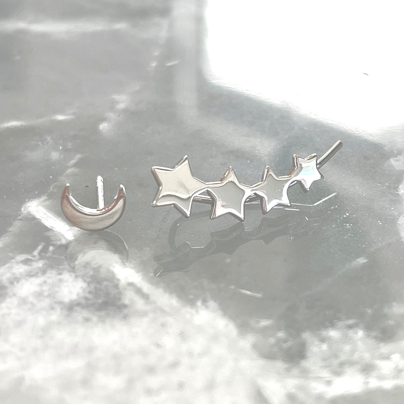 Stars and Moon Mismatched Earrings, Crescent Moon Stud and Stars Ear Climber, Star Ear Pins, Star Ear Crawler, Jamber Jewels image 9