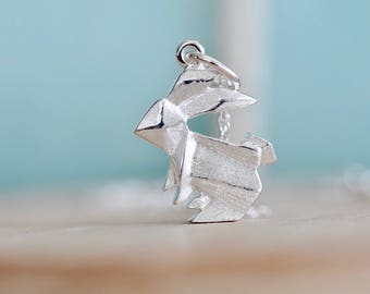 Origami Rabbit Necklace in Sterling Silver 925, Gold Rabbit Necklace, Silver Bunny Necklace, Origami Animal Jewelry, Origami Bunny Jewelry