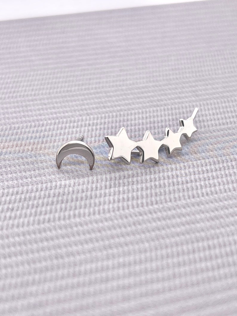 Stars and Moon Mismatched Earrings, Crescent Moon Stud and Stars Ear Climber, Star Ear Pins, Star Ear Crawler, Jamber Jewels image 8