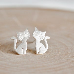 Sterling Silver Cat Stud Earrings, Shimmery Matte Finish