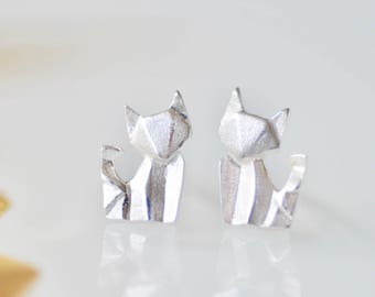 Sterling Silver Origami Fox Stud Earrings, Animal Jewelry