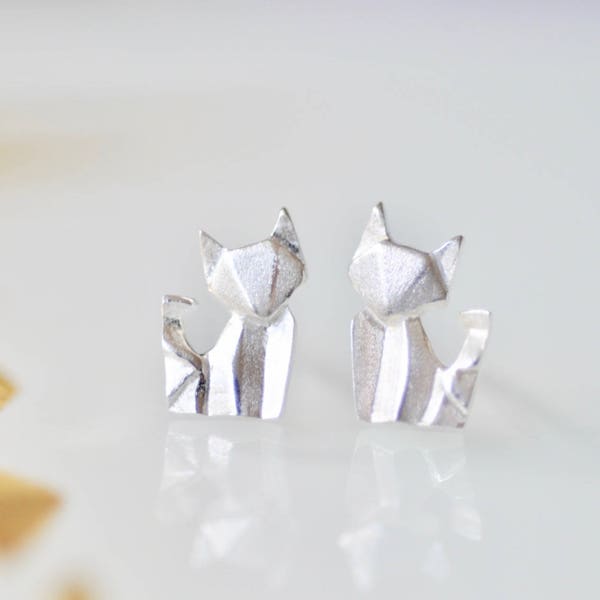 Sterling Silver Origami Fox Stud Earrings, Animal Jewelry