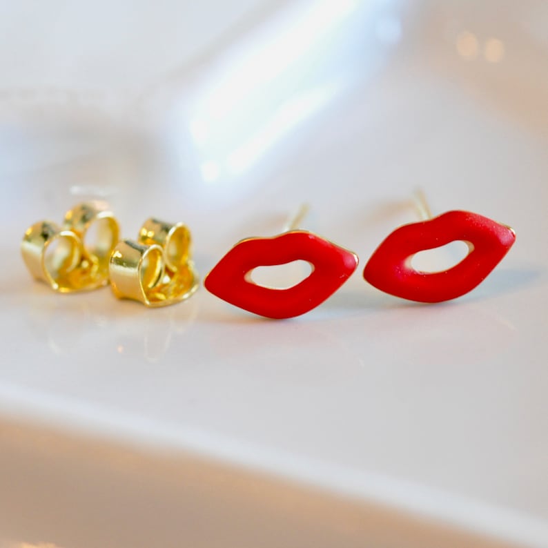 Dainty Red Lips Earrings in Sterling Silver 925 With Enamel Etsy