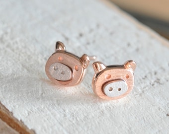 Adorables pendientes de cerdo en oro rosa, pendientes de cerdo de plata, tachuelas de cerdo en plata de ley 925, año del cerdo, joyas Jamber